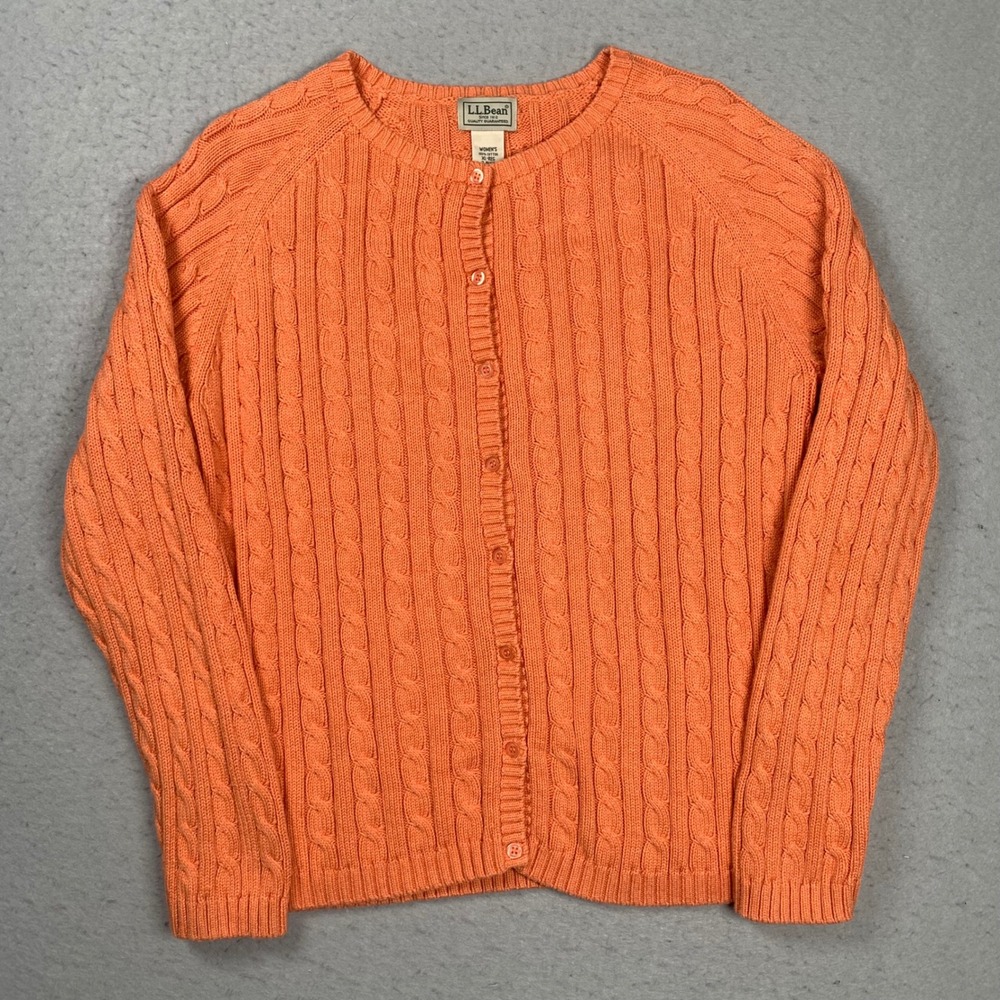 Vintage LL Bean Cardigan Women XL Orange Cable Knit Button Up Sweater Old Money